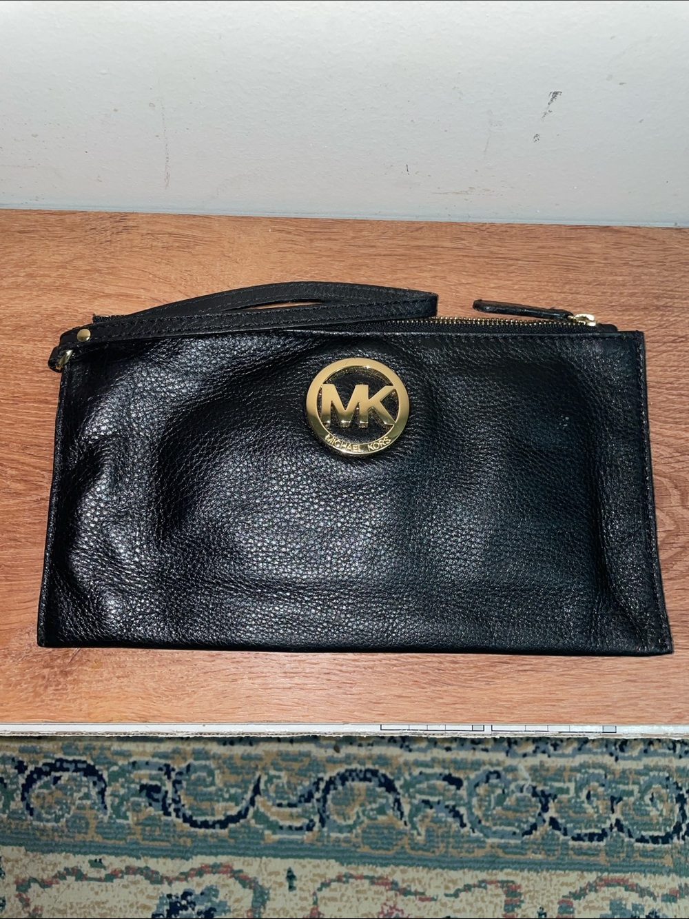 Michael Kors Black Leather Wristlet with Gold MK Emblem